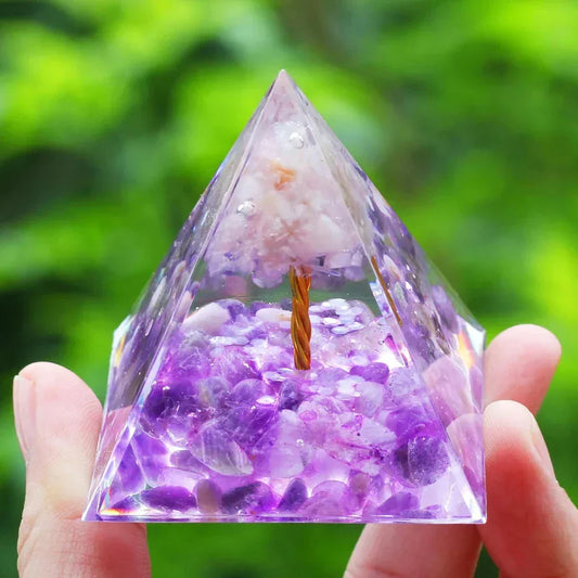 Crystal Stone Orgone Pyramid – Energy Generator with Natural Amethyst & Peridot